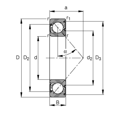角接觸球軸承 7007-B-2RS-TVP, 接觸角 α = 40°, 兩側唇密封