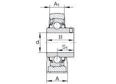 直立式軸承座單元 RASEY1-1/8, 鑄鐵軸承座，外球面球軸承，根據 ABMA 15 - 1991, ABMA 14 - 1991, ISO3228 內圈帶有平頭螺栓，R型密封，英制